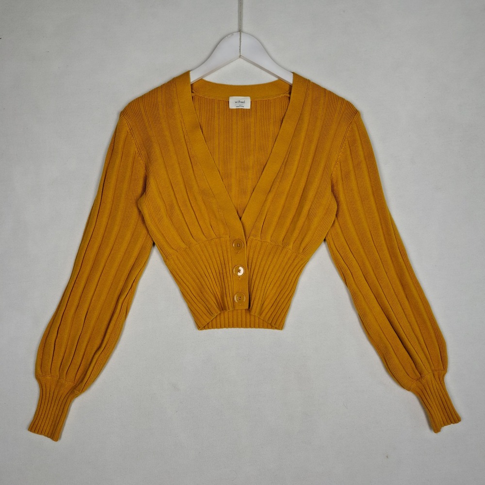 Wilfred Aritzia Thais Cardigan Mustard Yellow Ribbed Wool Cotton Crop Sweater XS